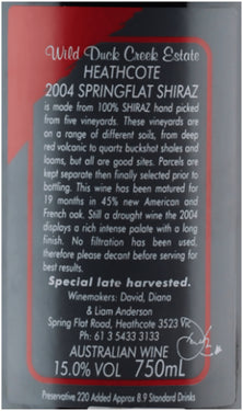 Wild Duck Creek SpringFlat Heathcote Shiraz 2004 - 750mL - 6 Bottle Pack-Lot 14392144